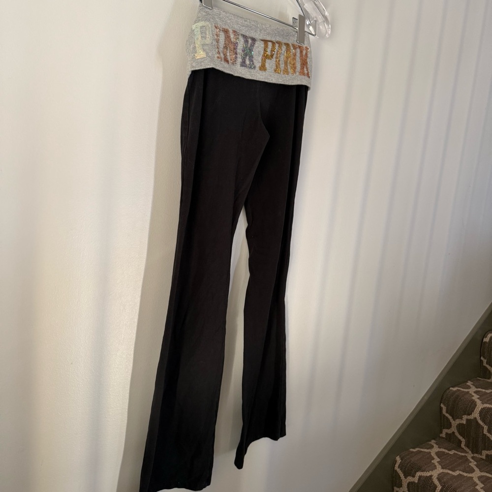 VS PINK Y2K bling foldover flare yoga leggings black grey sequin waistband Small - Picture 2 of 14